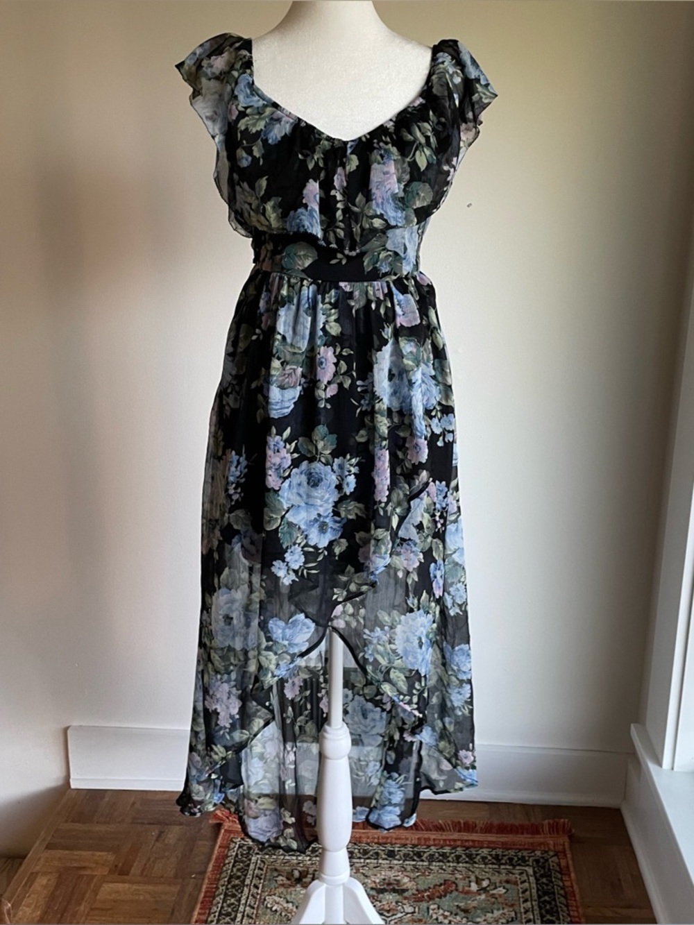 Abercrombie & Fitch Black Floral Chiffon Ruffle High-Low Hemline Sundress XS - Picture 2 of 15